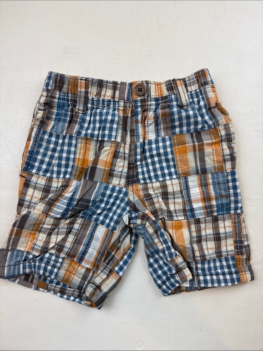 Gymboree Boys Patchwork Plaid Elastic Waist Shorts Blue Tan Size 3T